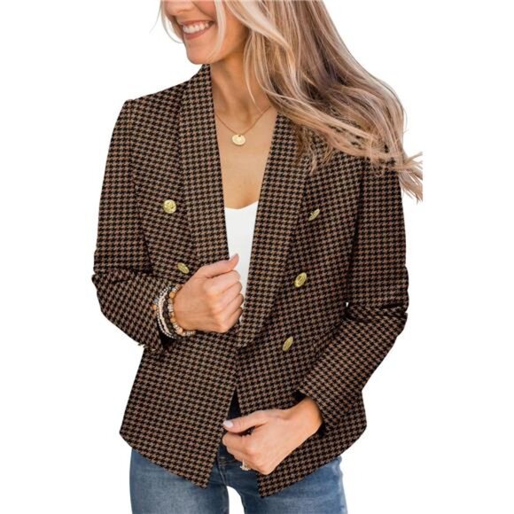 Womens Blazer Jacket Gold Button Plaid Brown - Picture 2 of 4